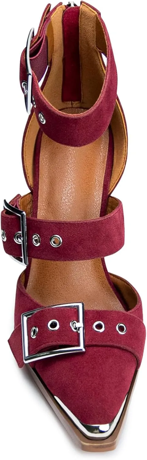 Western Sandals for Women Chunky Heel Pointed Toe Pumps Metal Buckle Strappy Western Comfortable Bridal Shoes