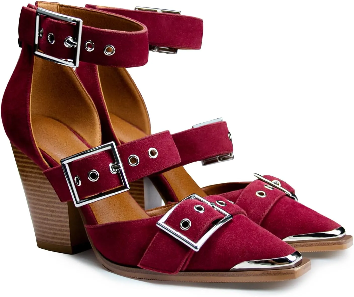 Western Sandals for Women Chunky Heel Pointed Toe Pumps Metal Buckle Strappy Western Comfortable Bridal Shoes