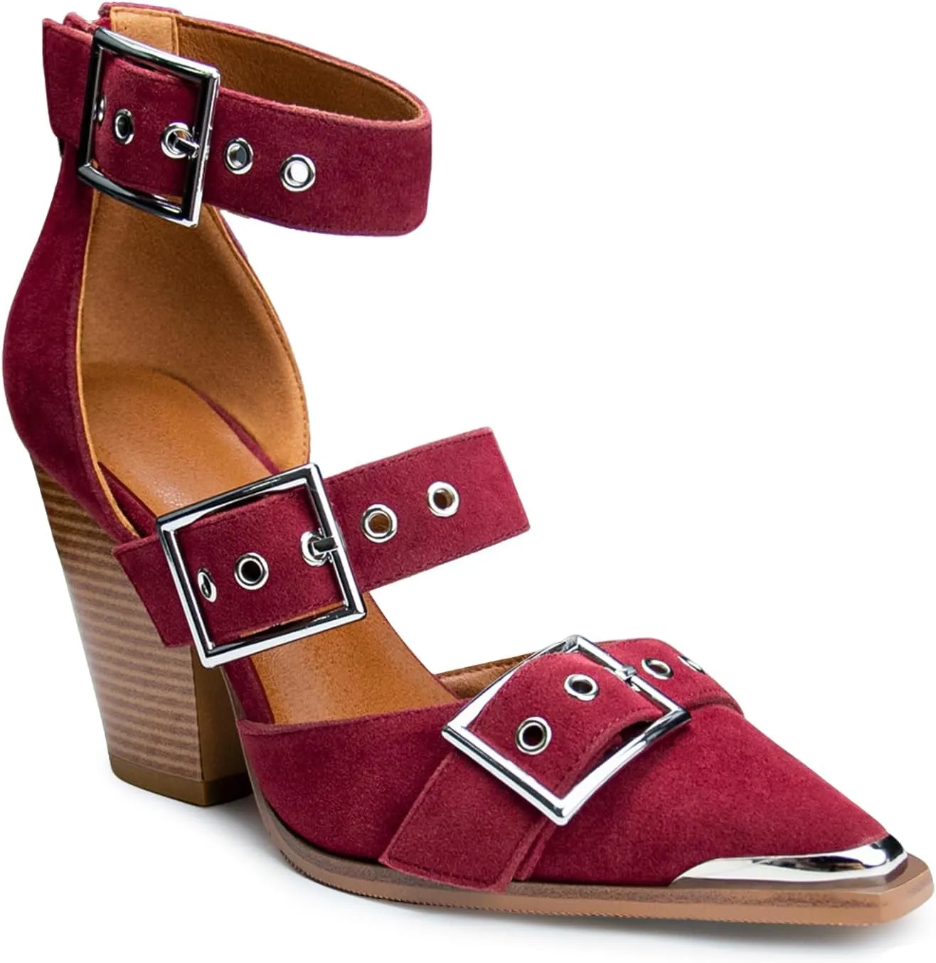 Western Sandals for Women Chunky Heel Pointed Toe Pumps Metal Buckle Strappy Western Comfortable Bridal Shoes