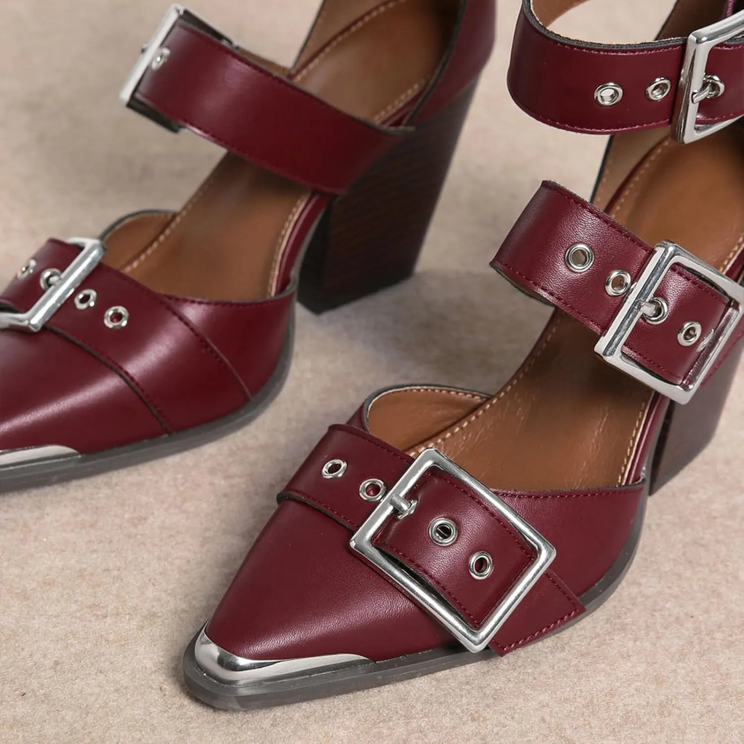Western Sandals Wedges for Women Closed Pointed Toe Pumps Buckle Straps Comfortable Heels Wedding Dress Shoes