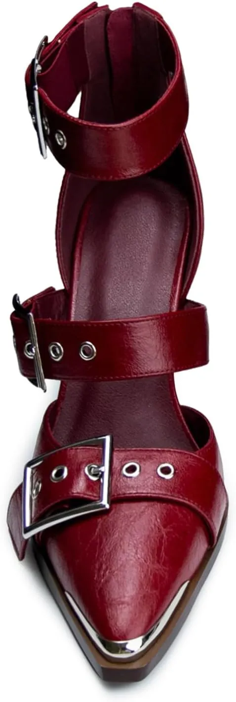 Western Sandals Wedges for Women Closed Pointed Toe Pumps Buckle Straps Comfortable Heels Wedding Dress Shoes