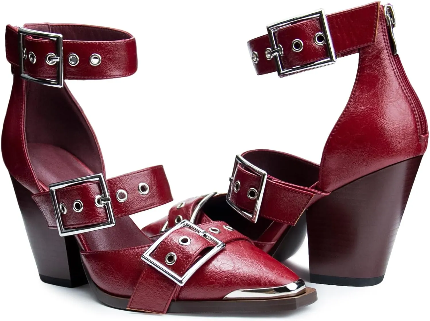 Western Sandals Wedges for Women Closed Pointed Toe Pumps Buckle Straps Comfortable Heels Wedding Dress Shoes