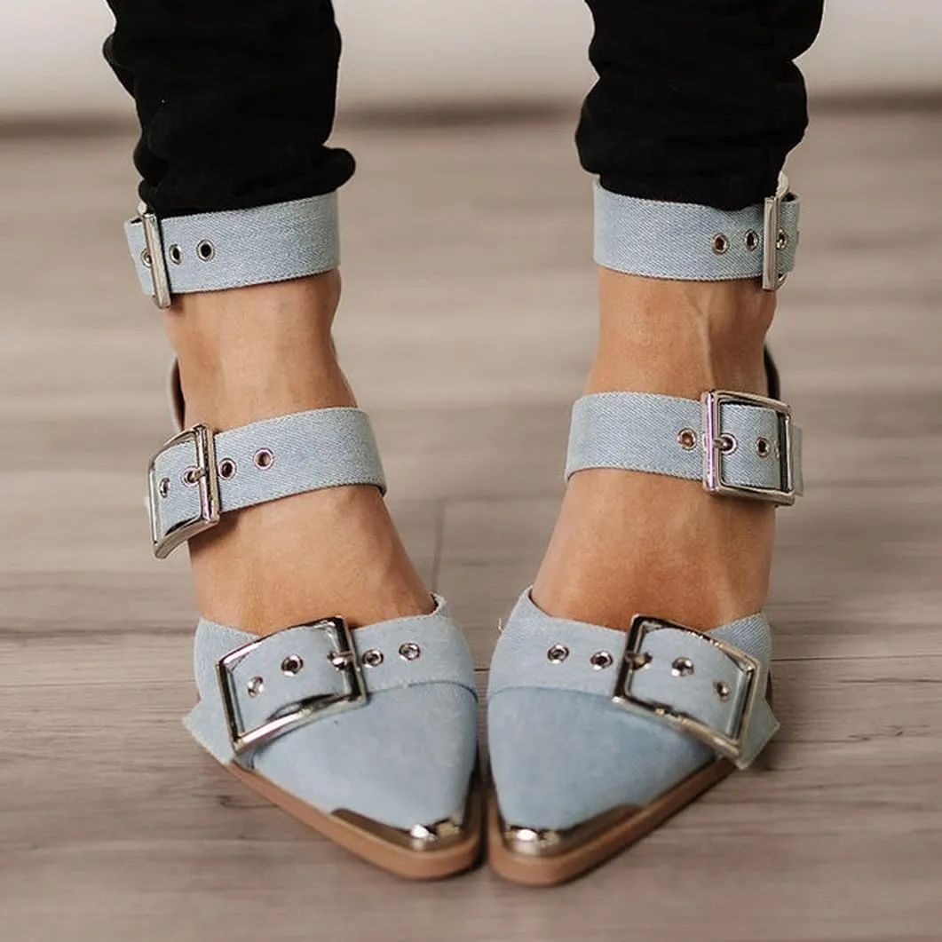 Western Sandals Wedges for Women Closed Pointed Toe Pumps Buckle Straps Comfortable Heels Wedding Dress Shoes