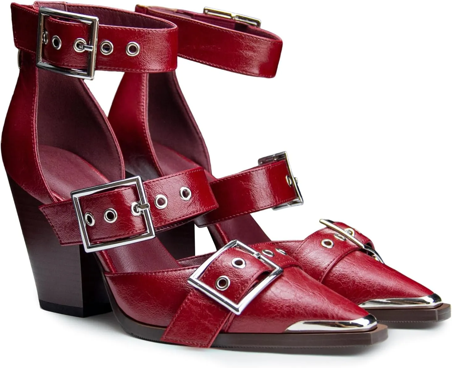 Western Sandals Wedges for Women Closed Pointed Toe Pumps Buckle Straps Comfortable Heels Wedding Dress Shoes