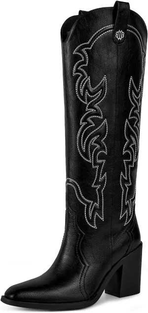 wetkiss Cowgirl Boots Women Knee High Boots, Embroidered Cowboy Boots with Chunky Heel Comfort Tall Western Boots for Women