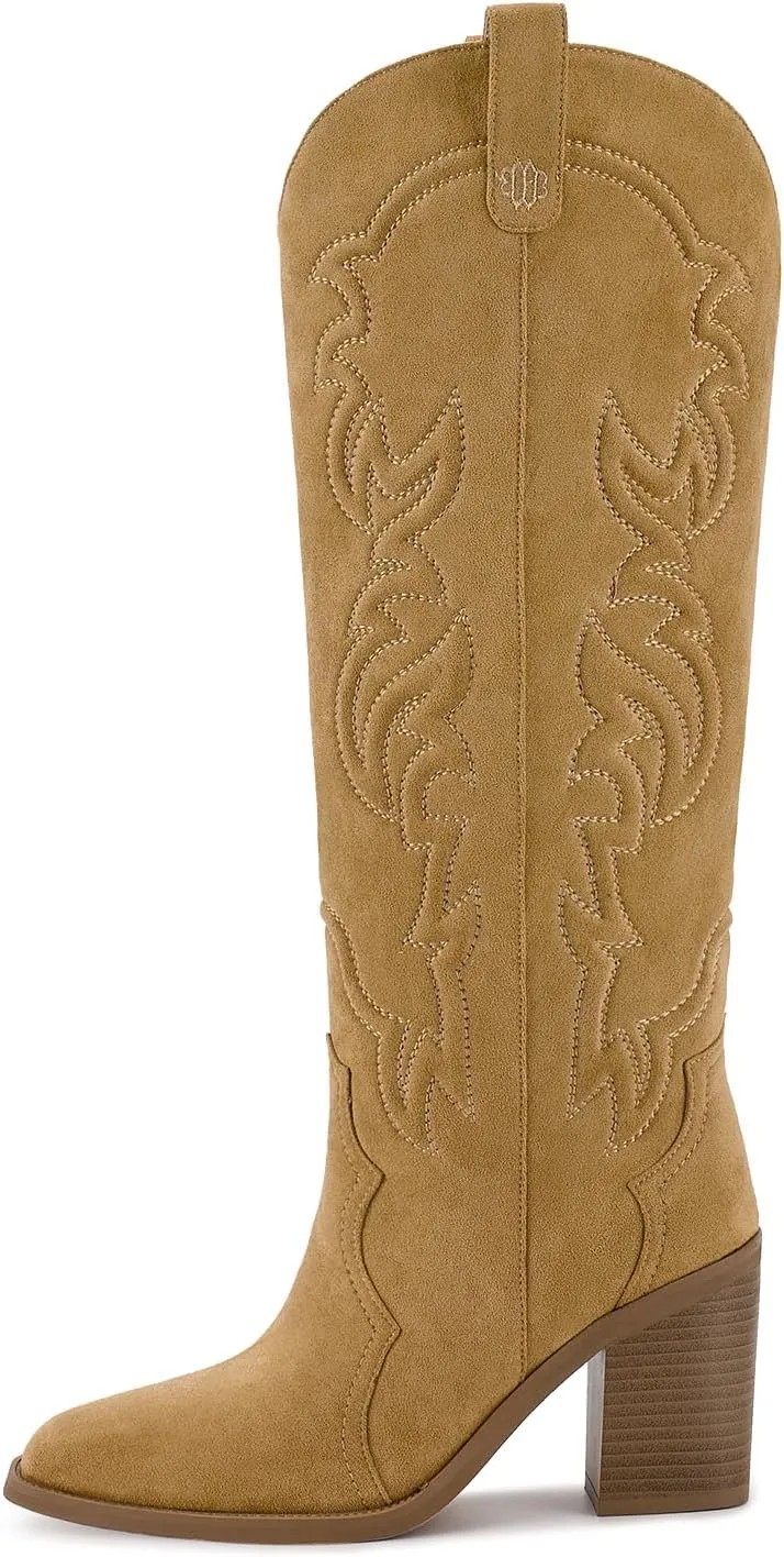 wetkiss Cowgirl Boots Women Knee High Boots, Embroidered Cowboy Boots with Chunky Heel Comfort Tall Western Boots for Women