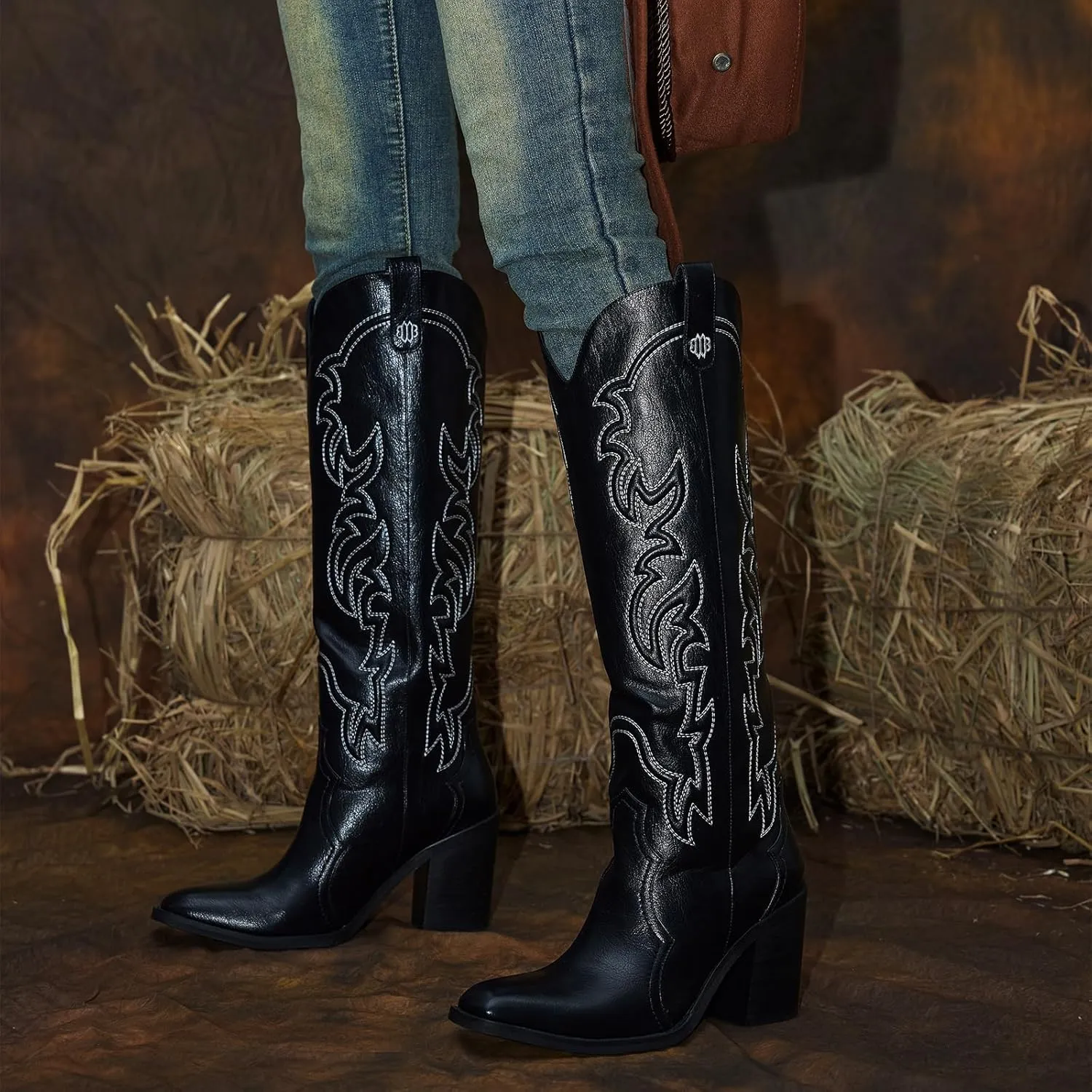 wetkiss Cowgirl Boots Women Knee High Boots, Embroidered Cowboy Boots with Chunky Heel Comfort Tall Western Boots for Women