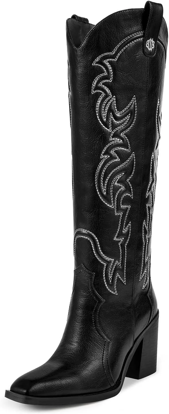wetkiss Cowgirl Boots Women Knee High Boots, Embroidered Cowboy Boots with Chunky Heel Comfort Tall Western Boots for Women