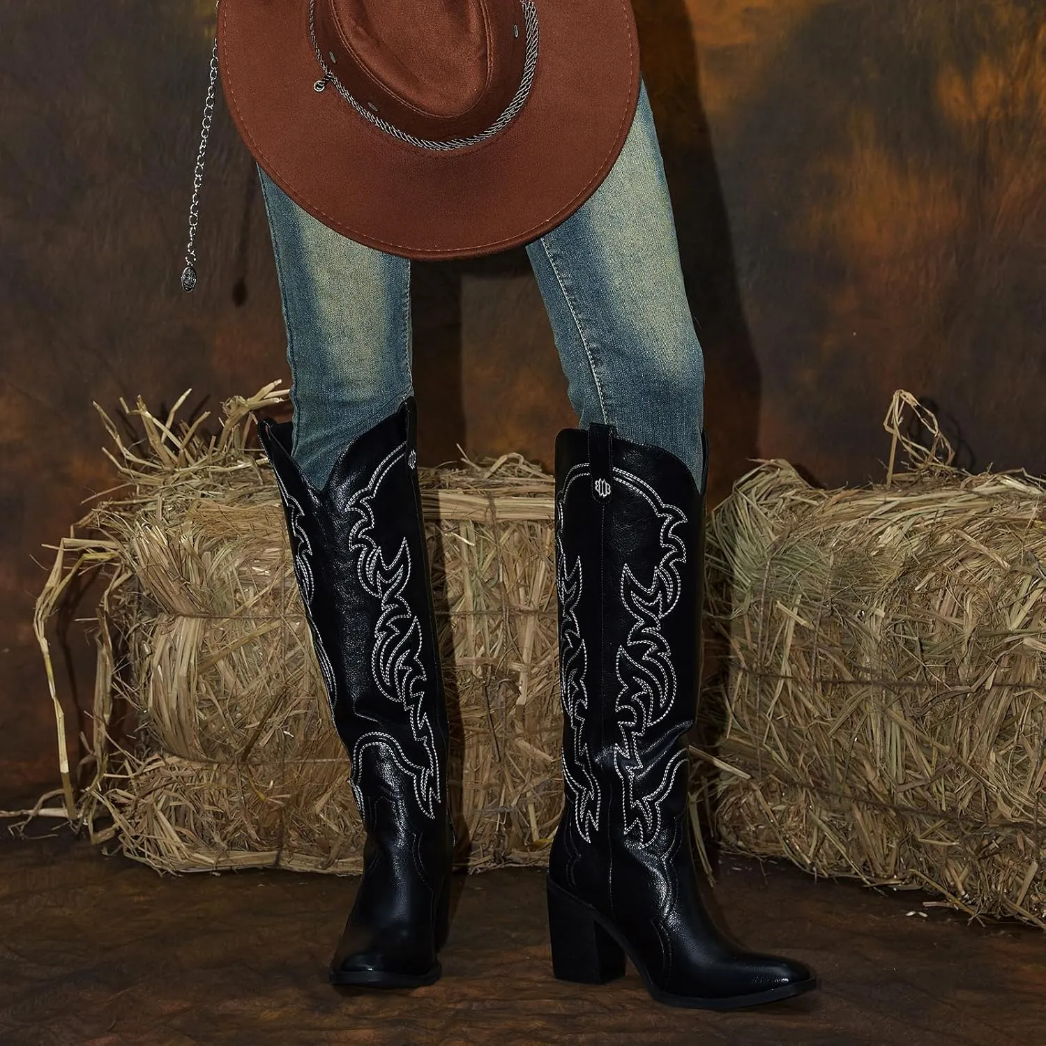 wetkiss Cowgirl Boots Women Knee High Boots, Embroidered Cowboy Boots with Chunky Heel Comfort Tall Western Boots for Women