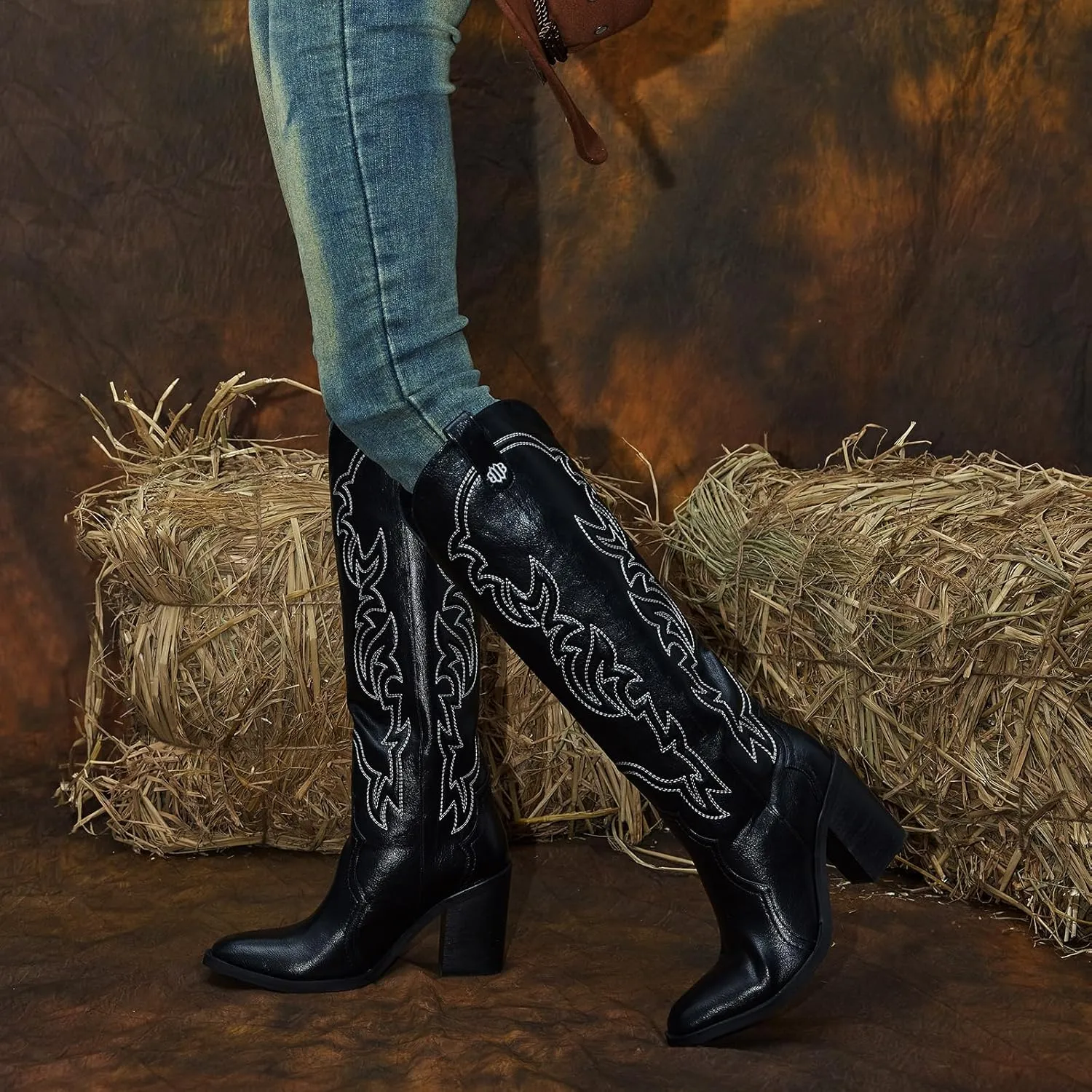 wetkiss Cowgirl Boots Women Knee High Boots, Embroidered Cowboy Boots with Chunky Heel Comfort Tall Western Boots for Women