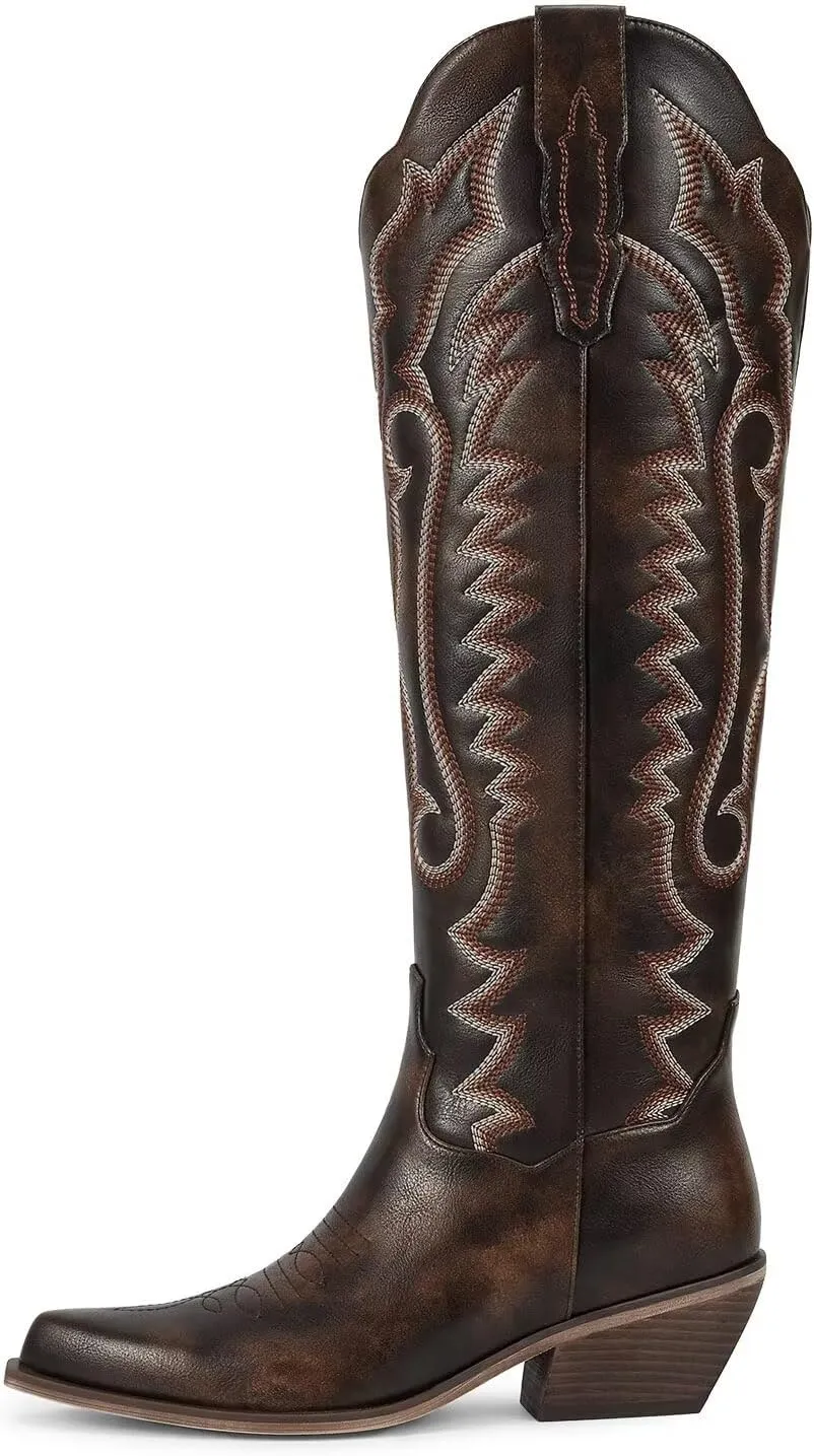 wetkiss Embroidery Cowboy Boots for Women with Zipper Pointed Toe Chunky Low Heel Cowgirl Boots