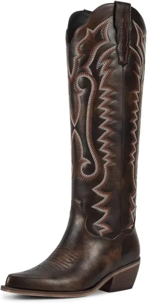 wetkiss Embroidery Cowboy Boots for Women with Zipper Pointed Toe Chunky Low Heel Cowgirl Boots