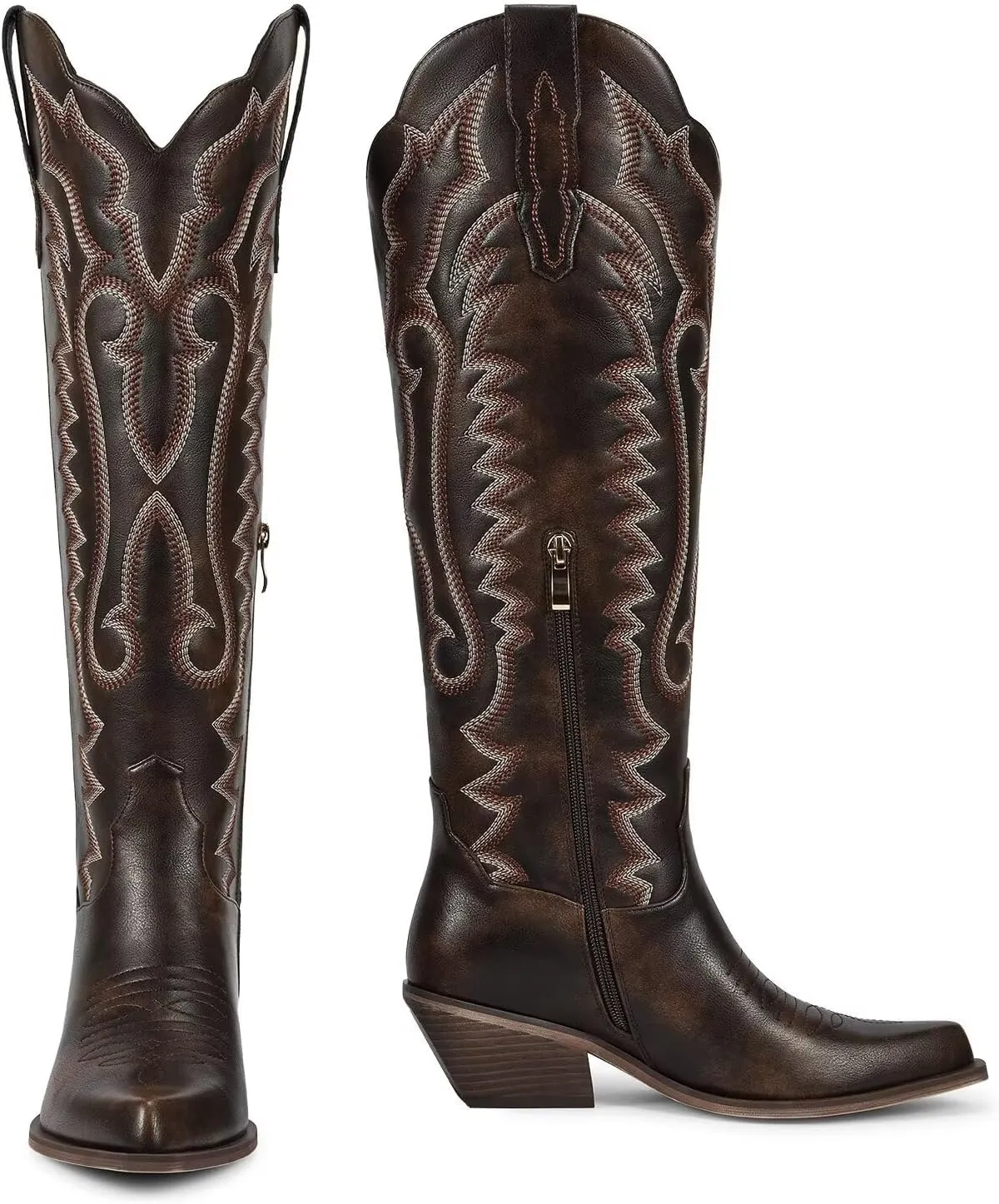 wetkiss Embroidery Cowboy Boots for Women with Zipper Pointed Toe Chunky Low Heel Cowgirl Boots
