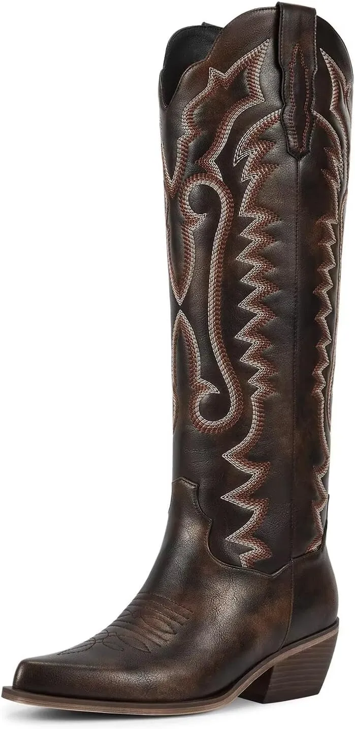wetkiss Embroidery Cowboy Boots for Women with Zipper Pointed Toe Chunky Low Heel Cowgirl Boots