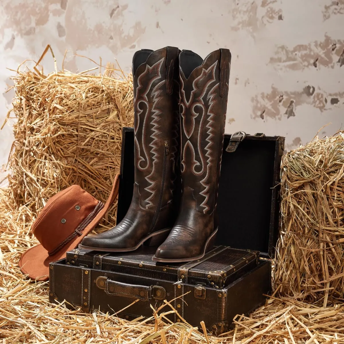 wetkiss Embroidery Cowboy Boots for Women with Zipper Pointed Toe Chunky Low Heel Cowgirl Boots
