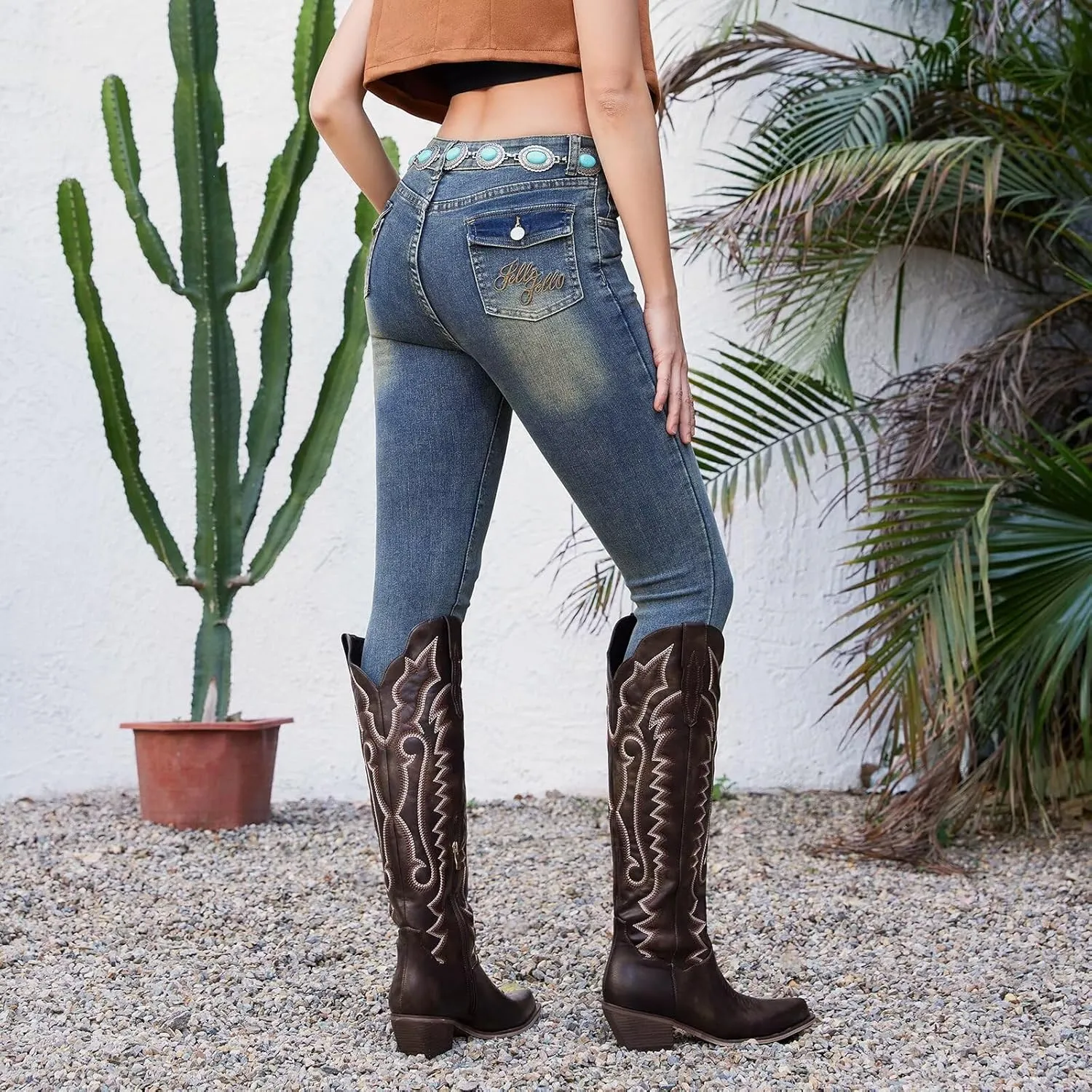 wetkiss Embroidery Cowboy Boots for Women with Zipper Pointed Toe Chunky Low Heel Cowgirl Boots