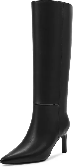 wetkiss Knee High Boots Women Pointed Toe Stiletto High Heel Faux Leather Long Boots with Wide Calf Pull On Dress Fashion PU Tall Boots (Matte Black Size8)