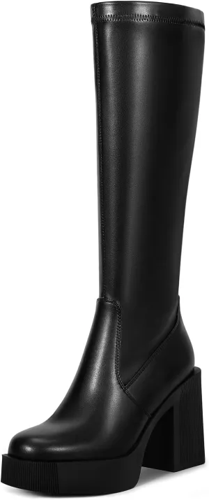 wetkiss Platform Knee High Boots Women Chunky High Heel Black Boots for Women Gogo Boot with Side Zipper Stretchy Boot Not for Bigger Wide Calf