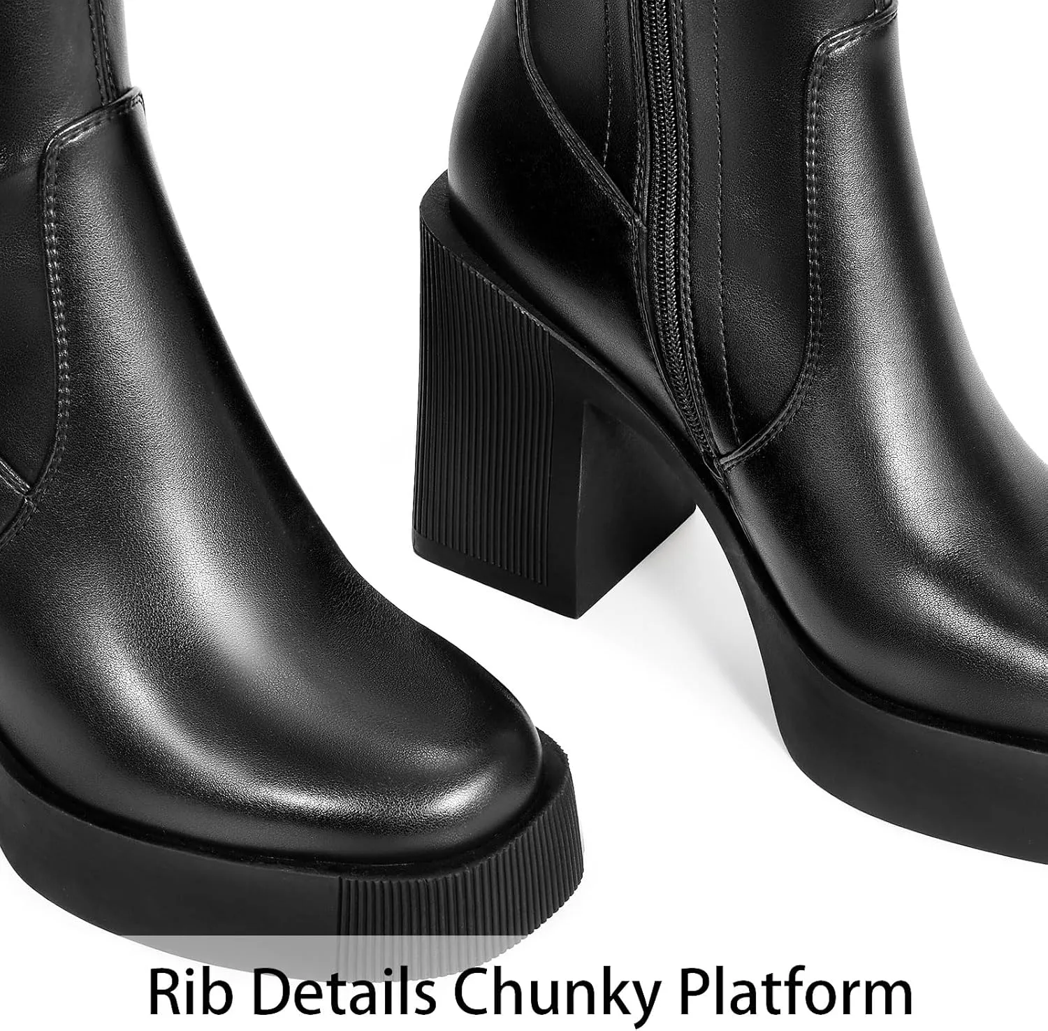 wetkiss Platform Knee High Boots Women Chunky High Heel Black Boots for Women Gogo Boot with Side Zipper Stretchy Boot Not for Bigger Wide Calf