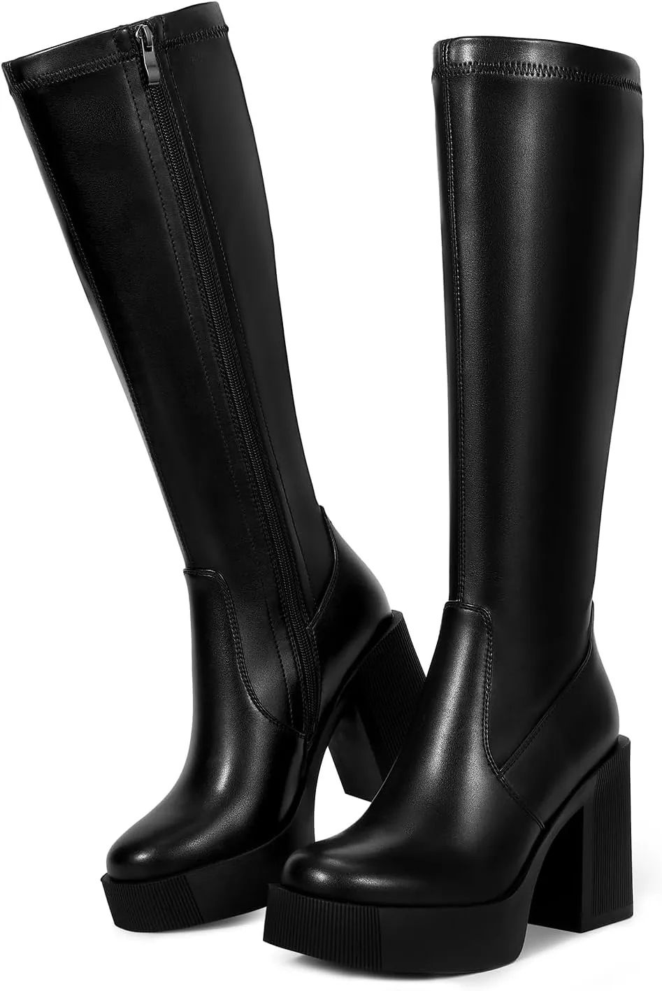 wetkiss Platform Knee High Boots Women Chunky High Heel Black Boots for Women Gogo Boot with Side Zipper Stretchy Boot Not for Bigger Wide Calf