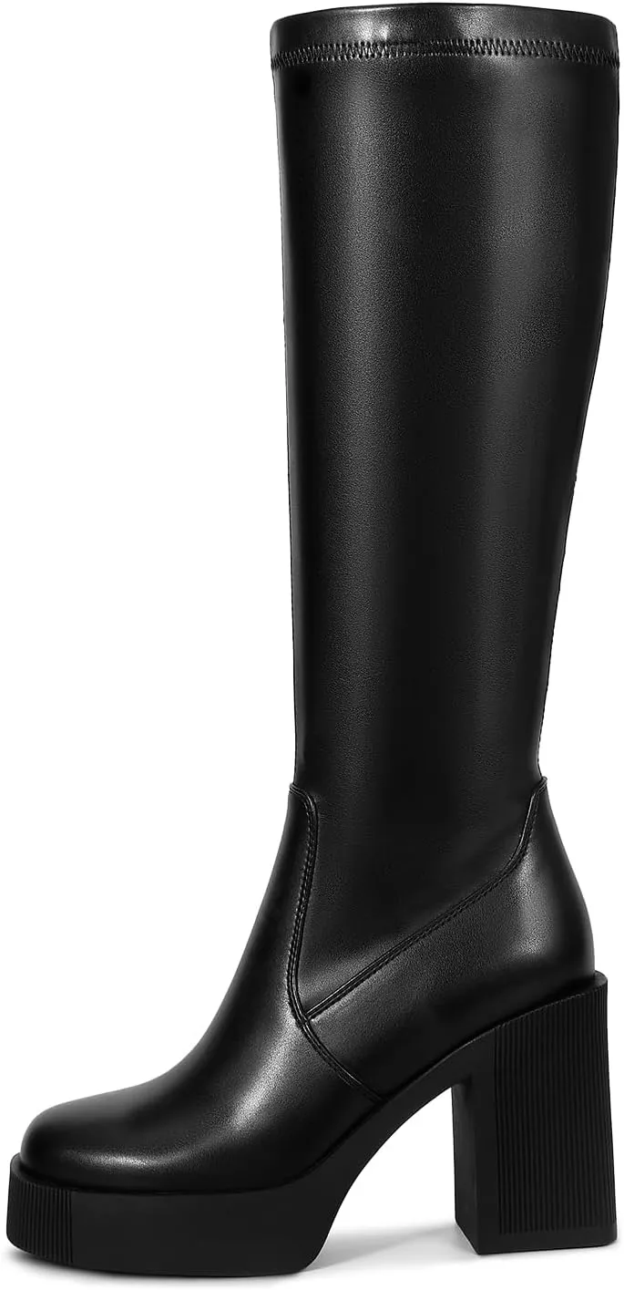 wetkiss Platform Knee High Boots Women Chunky High Heel Black Boots for Women Gogo Boot with Side Zipper Stretchy Boot Not for Bigger Wide Calf
