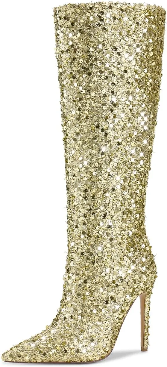 wetkiss Sequins Knee High Boots Women Pointed Toe Stiletto Heel Bling Long Tall Sparkly Boots Not for Bigger Wide Calf