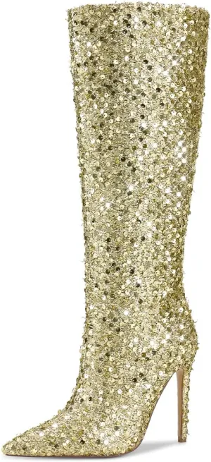 wetkiss Sequins Knee High Boots Women Pointed Toe Stiletto Heel Bling Long Tall Sparkly Boots Not for Bigger Wide Calf
