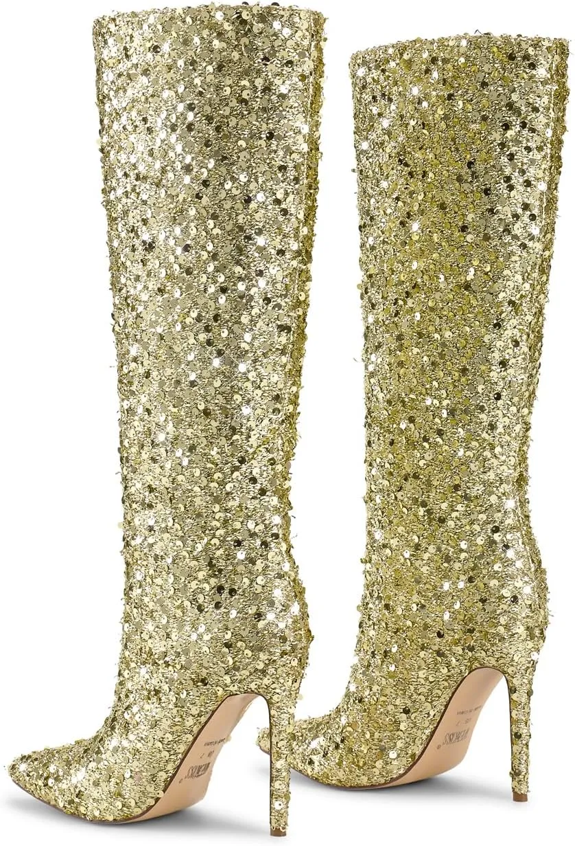 wetkiss Sequins Knee High Boots Women Pointed Toe Stiletto Heel Bling Long Tall Sparkly Boots Not for Bigger Wide Calf