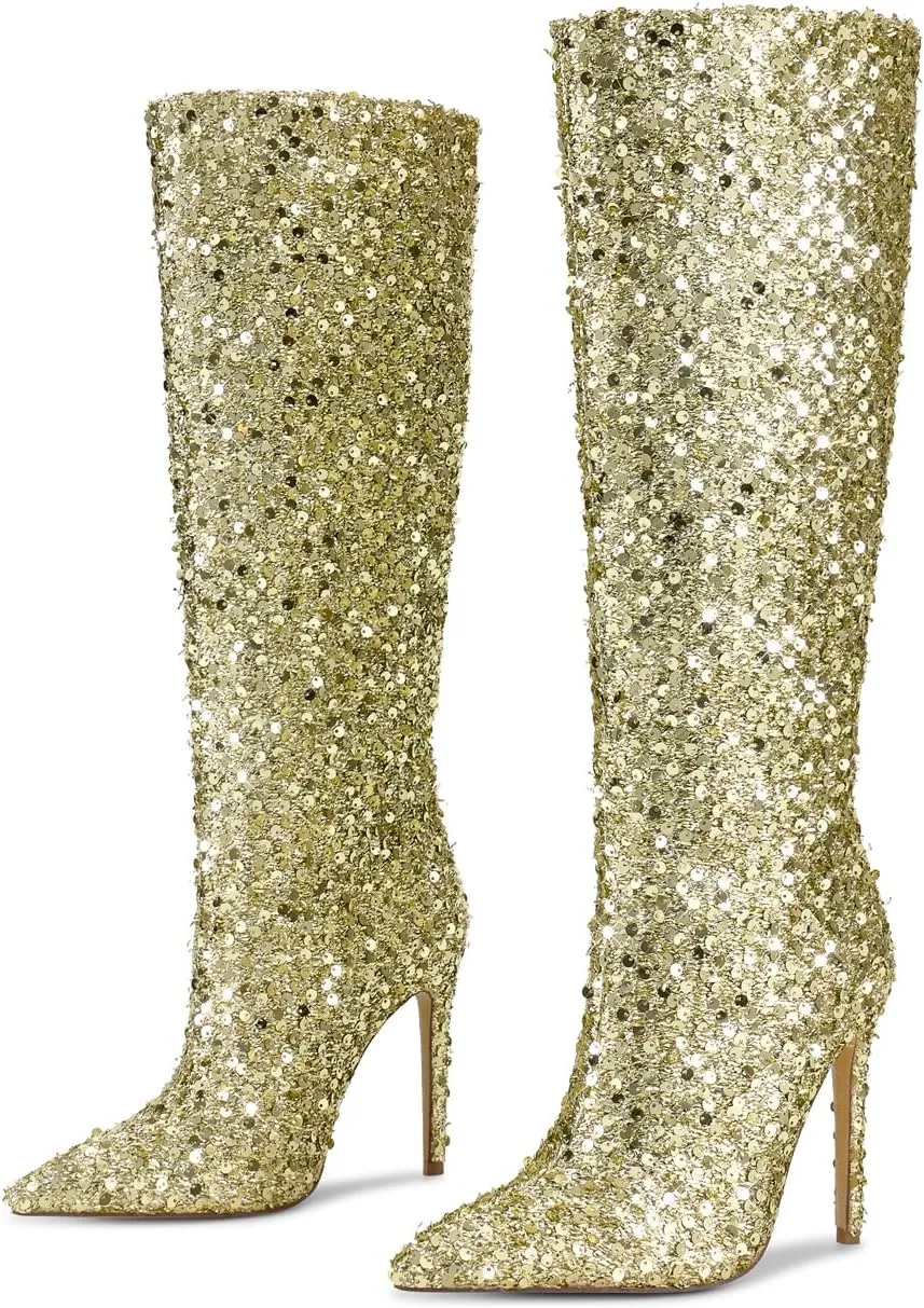 wetkiss Sequins Knee High Boots Women Pointed Toe Stiletto Heel Bling Long Tall Sparkly Boots Not for Bigger Wide Calf