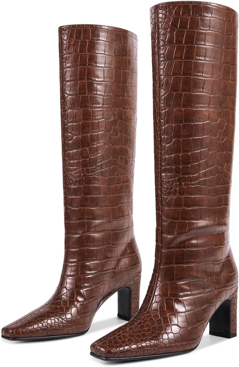 wetkiss Straight Leg Knee High Boots for Women Regular Calf Friendly Square Toe Faux Leather Crocodile Print Mid Heel Comfortable Boots