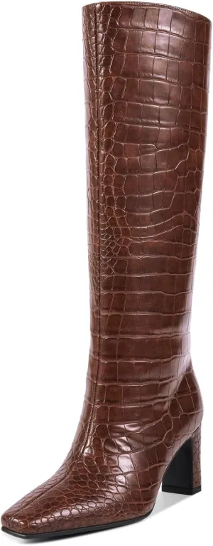 wetkiss Straight Leg Knee High Boots for Women Regular Calf Friendly Square Toe Faux Leather Crocodile Print Mid Heel Comfortable Boots