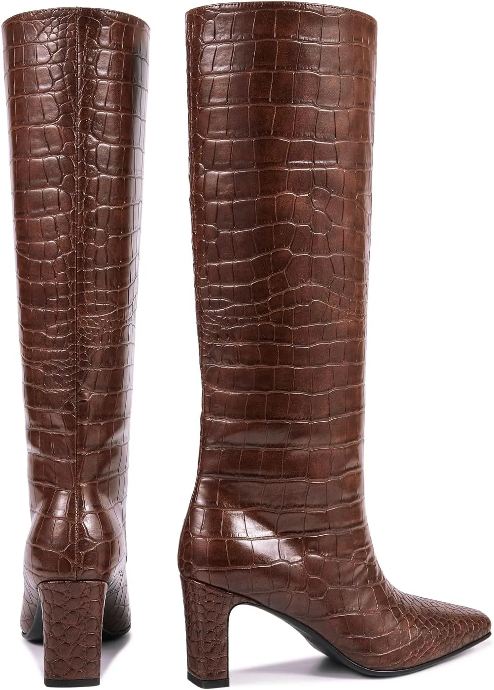 wetkiss Straight Leg Knee High Boots for Women Regular Calf Friendly Square Toe Faux Leather Crocodile Print Mid Heel Comfortable Boots