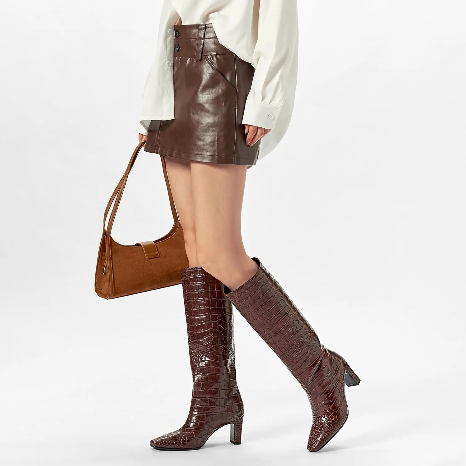 wetkiss Straight Leg Knee High Boots for Women Regular Calf Friendly Square Toe Faux Leather Crocodile Print Mid Heel Comfortable Boots