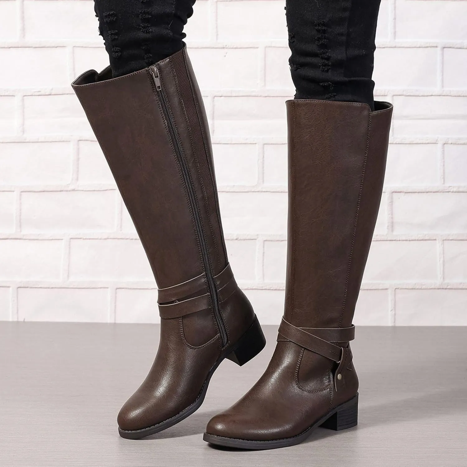 Wide Calf Boots for Women Knee High Extra Wide Width Side Zipper Round-Toe Low Heel Riding Tall Boots US5-11