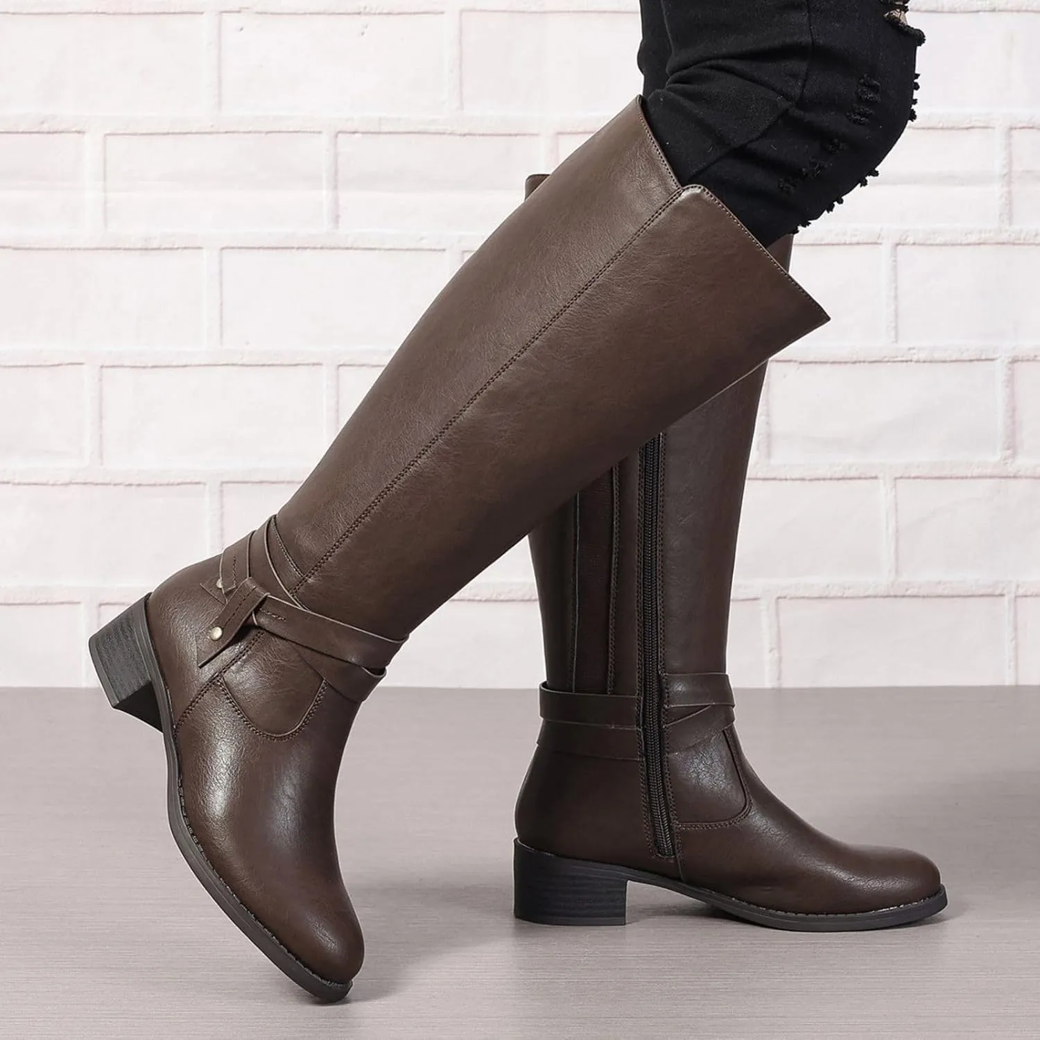 Wide Calf Boots for Women Knee High Extra Wide Width Side Zipper Round-Toe Low Heel Riding Tall Boots US5-11