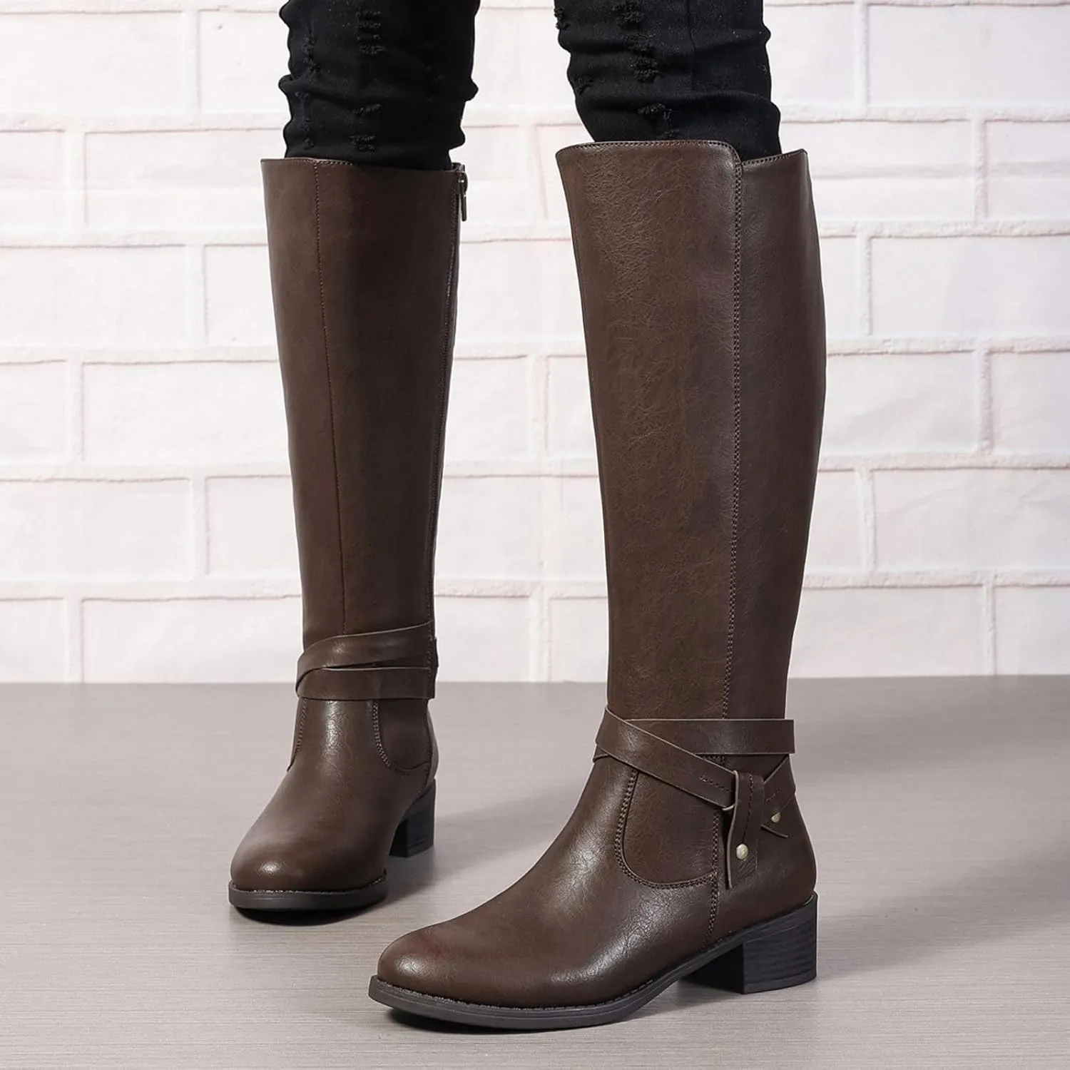 Wide Calf Boots for Women Knee High Extra Wide Width Side Zipper Round-Toe Low Heel Riding Tall Boots US5-11