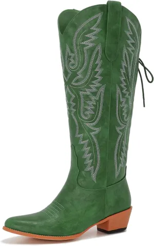 Wide Calf Cowboy Boots Women Adjustable Lace Up Knee High Tall Plus Size Cowgirl Boots Western Style Comfortable 2-Inch Heel