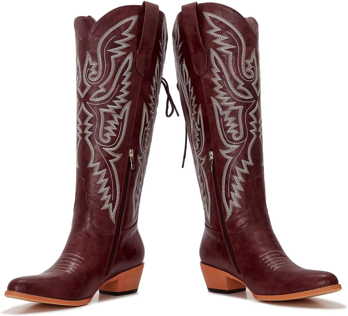 Wide Calf Cowboy Boots Women Adjustable Lace Up Knee High Tall Plus Size Cowgirl Boots Western Style Comfortable 2-Inch Heel