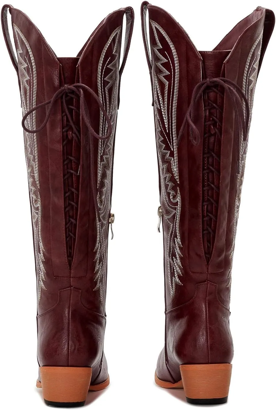 Wide Calf Cowboy Boots Women Adjustable Lace Up Knee High Tall Plus Size Cowgirl Boots Western Style Comfortable 2-Inch Heel