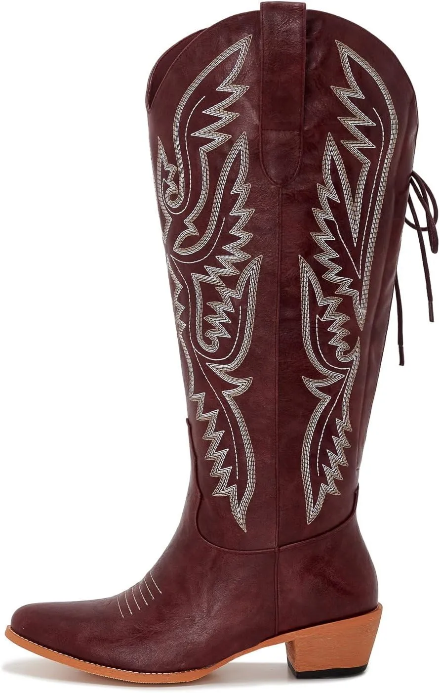 Wide Calf Cowboy Boots Women Adjustable Lace Up Knee High Tall Plus Size Cowgirl Boots Western Style Comfortable 2-Inch Heel