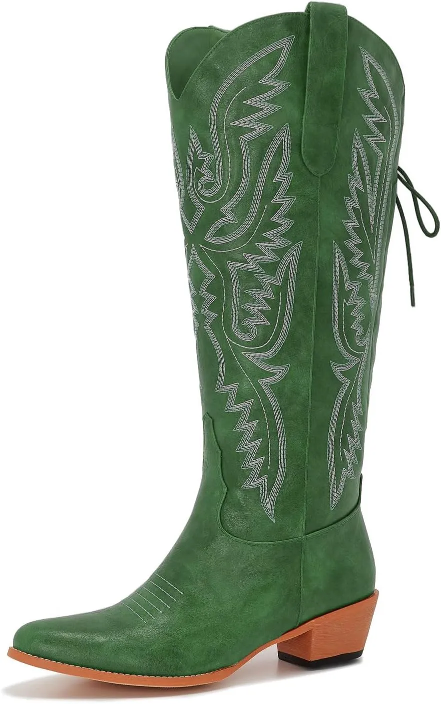 Wide Calf Cowboy Boots Women Adjustable Lace Up Knee High Tall Plus Size Cowgirl Boots Western Style Comfortable 2-Inch Heel