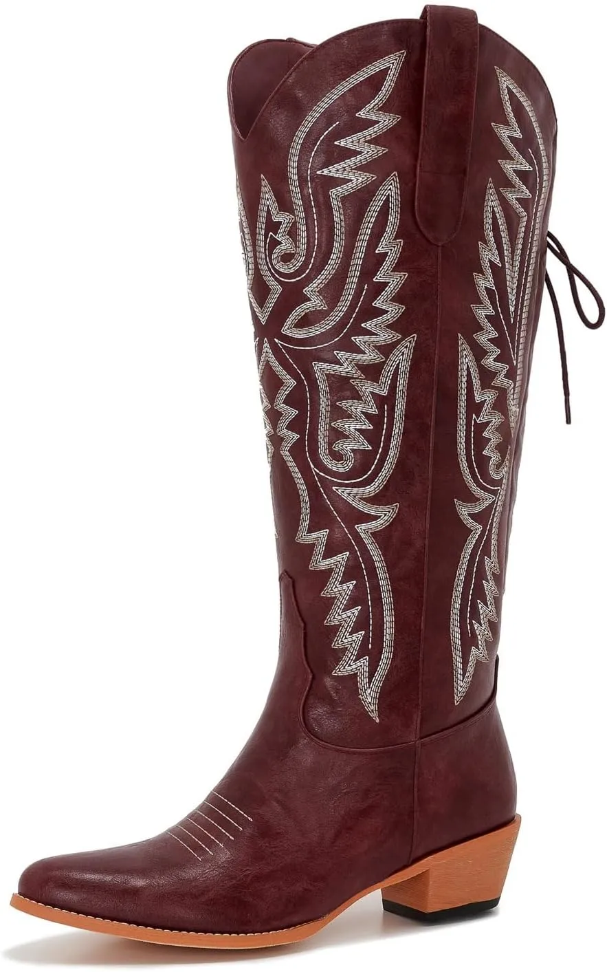 Wide Calf Cowboy Boots Women Adjustable Lace Up Knee High Tall Plus Size Cowgirl Boots Western Style Comfortable 2-Inch Heel
