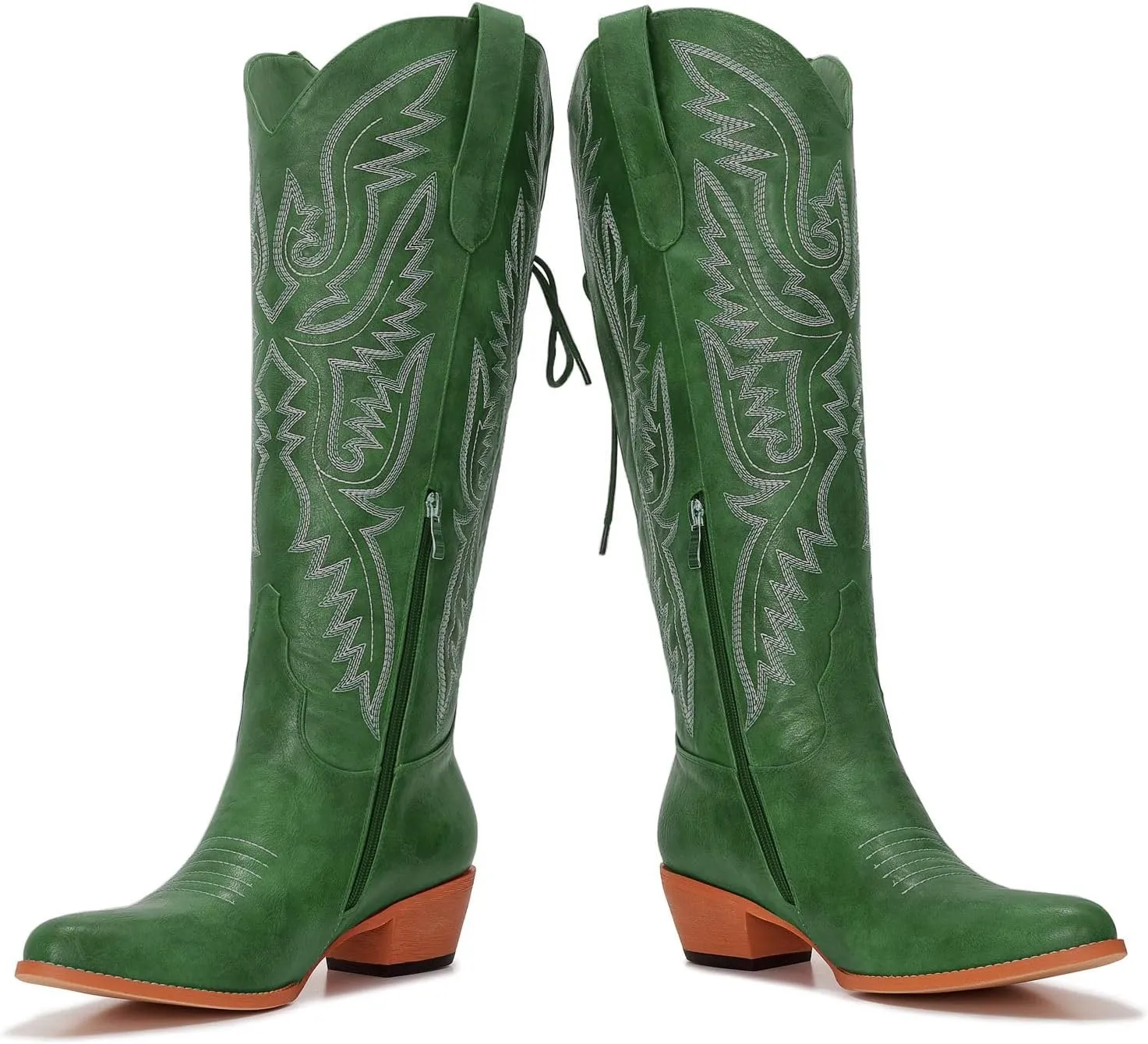 Wide Calf Cowboy Boots Women Adjustable Lace Up Knee High Tall Plus Size Cowgirl Boots Western Style Comfortable 2-Inch Heel