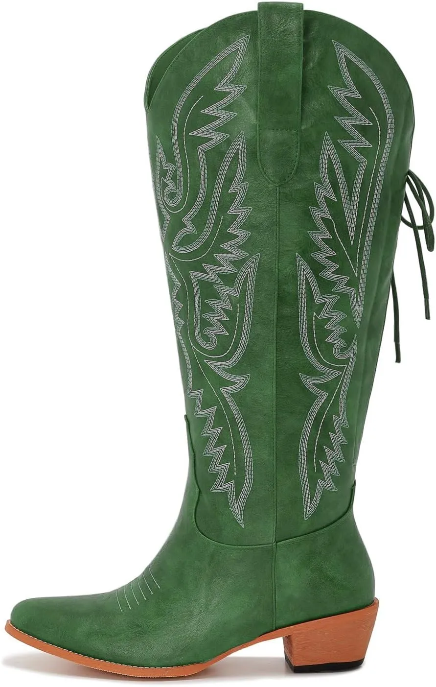Wide Calf Cowboy Boots Women Adjustable Lace Up Knee High Tall Plus Size Cowgirl Boots Western Style Comfortable 2-Inch Heel