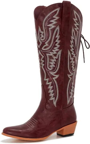 Wide Calf Cowboy Boots Women Adjustable Lace Up Knee High Tall Plus Size Cowgirl Boots Western Style Comfortable 2-Inch Heel