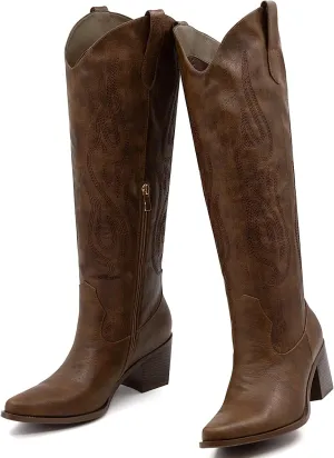 Wide Calf Cowgirl Boots For Women Knee High Cowboy Boots Pointed Toe Chunky Heel Boot Ladies Western Boots With Classic Embroidery and Side Zipper Classic Retro Country Boots For Lady Size 6-11