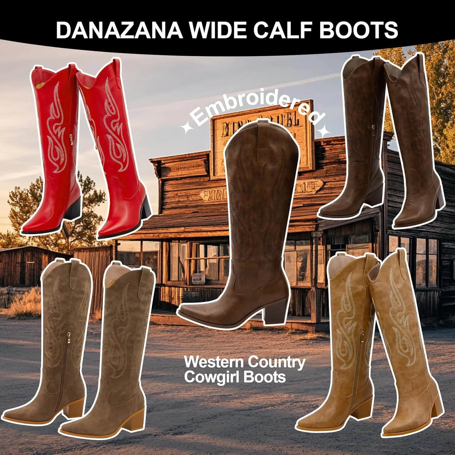 Wide Calf Cowgirl Boots For Women Knee High Cowboy Boots Pointed Toe Chunky Heel Boot Ladies Western Boots With Classic Embroidery and Side Zipper Classic Retro Country Boots For Lady Size 6-11