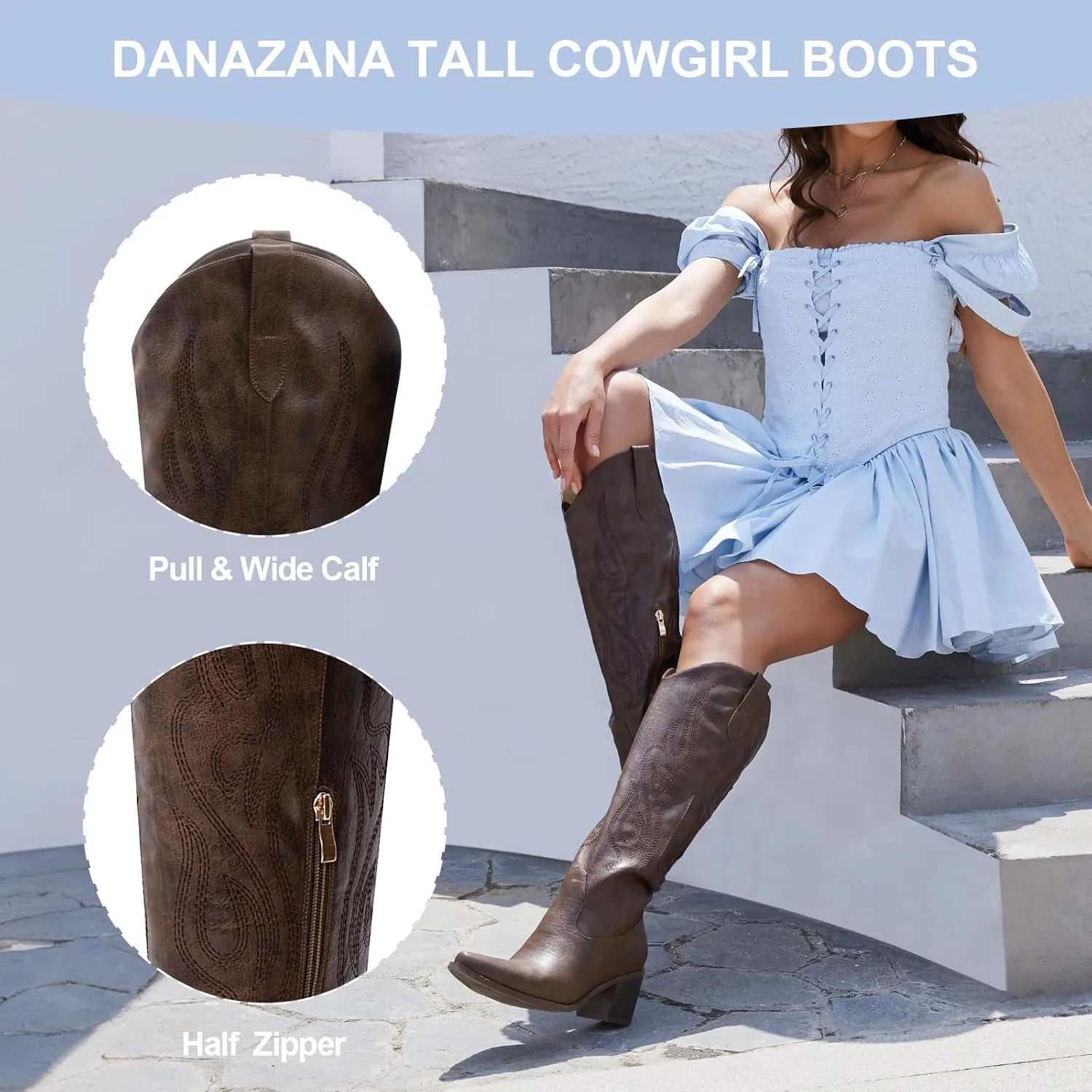 Wide Calf Cowgirl Boots For Women Knee High Cowboy Boots Pointed Toe Chunky Heel Boot Ladies Western Boots With Classic Embroidery and Side Zipper Classic Retro Country Boots For Lady Size 6-11
