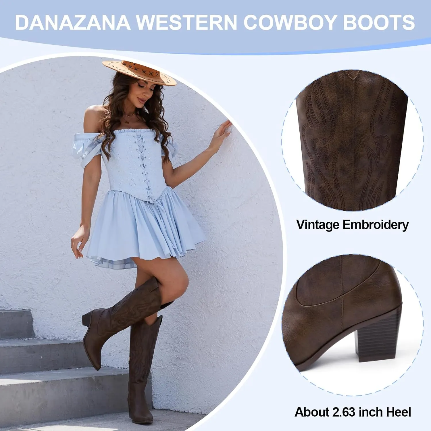 Wide Calf Cowgirl Boots For Women Knee High Cowboy Boots Pointed Toe Chunky Heel Boot Ladies Western Boots With Classic Embroidery and Side Zipper Classic Retro Country Boots For Lady Size 6-11