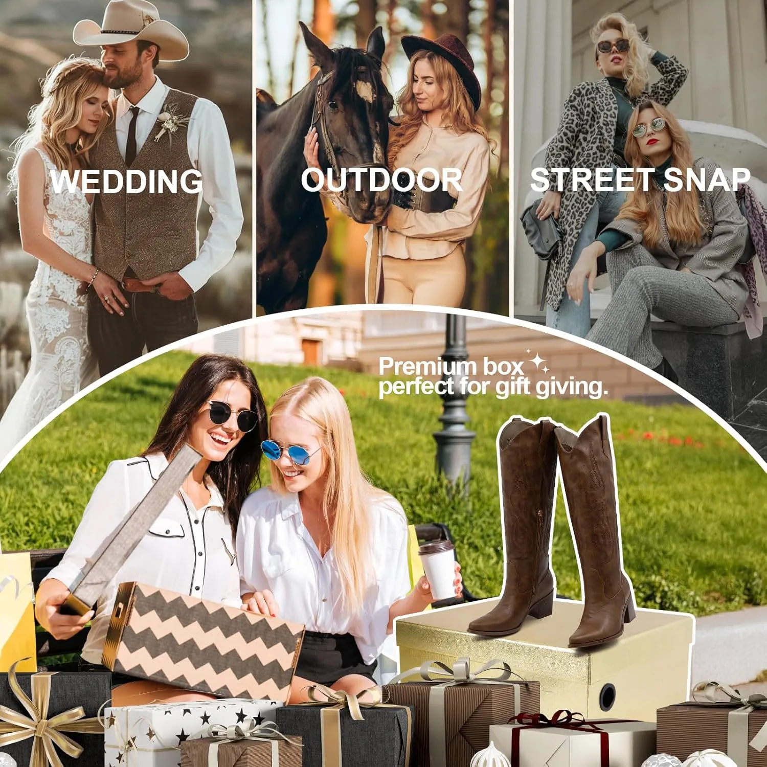 Wide Calf Cowgirl Boots For Women Knee High Cowboy Boots Pointed Toe Chunky Heel Boot Ladies Western Boots With Classic Embroidery and Side Zipper Classic Retro Country Boots For Lady Size 6-11